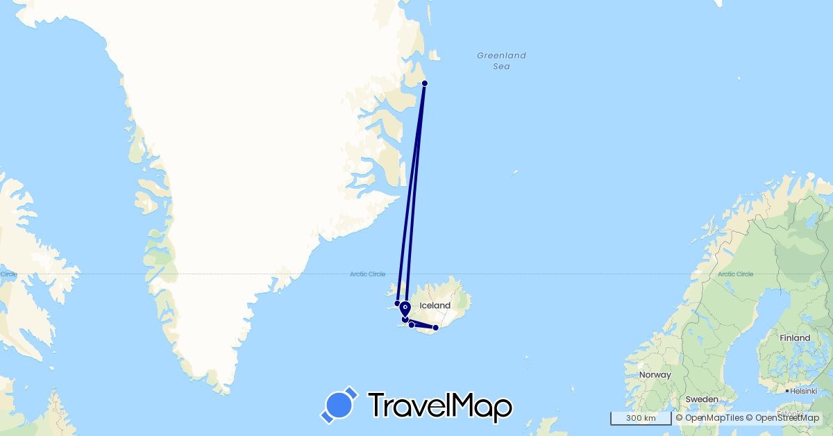 TravelMap itinerary: driving in Greenland, Iceland (Europe, North America)
